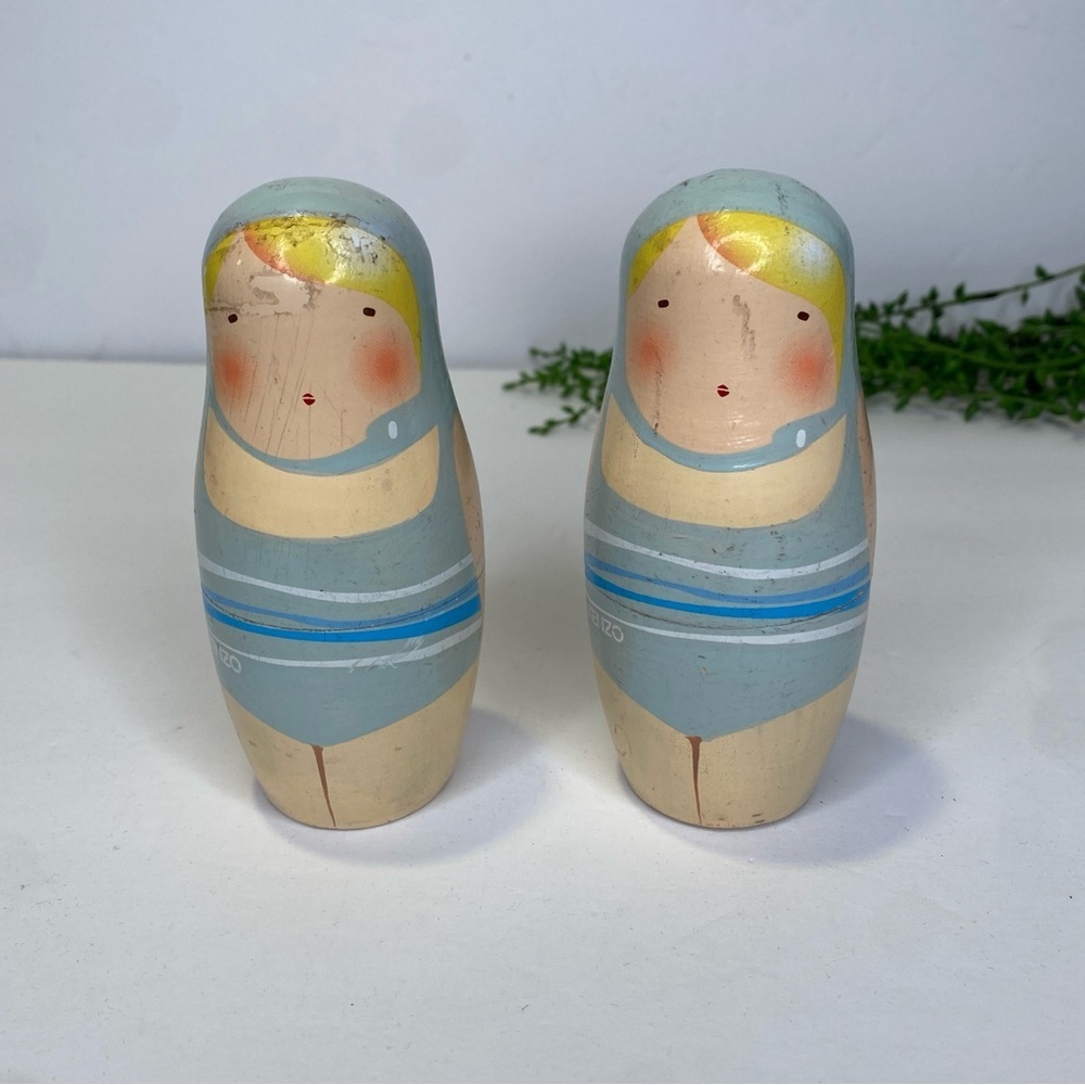 KENZO Irina Wooden Flacon Hand Painted Russian Doll Blue Swimsuit Girl 5" Tall